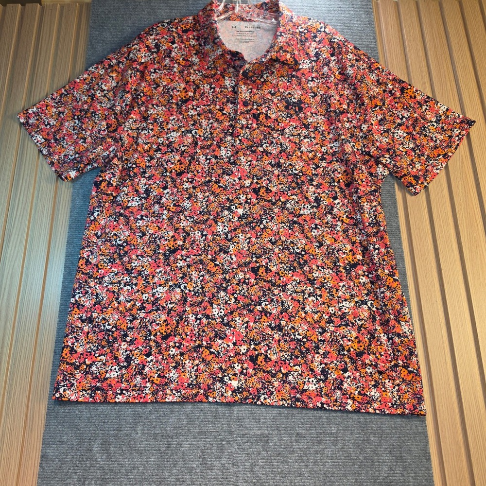 Under Armour Playoff Polo Mens XL Orange Floral Print Loose Fit Excellent